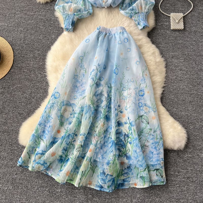 Women's clothing women's two-piece suit, ladylike temperament, lantern sleeve button-down slim-fitting top, high waist printed mesh skirt_voghion.com