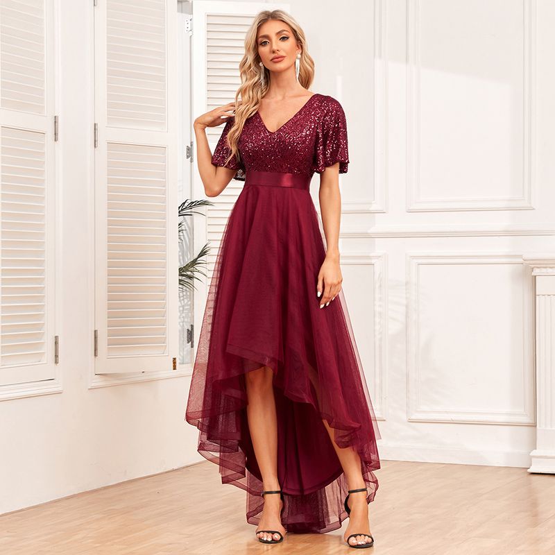 Robe de soirée élégante à volants et manches courtes pour femme avec taille élastique et jupe longue irrégulière en tulle moelleux_voghion.com