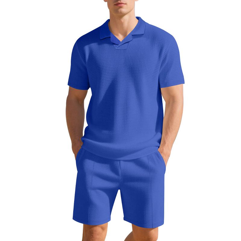 Polo ample à manches courtes et col gaufré pour homme, style américain, ensemble décontracté avec short et col gaufré_voghion.com