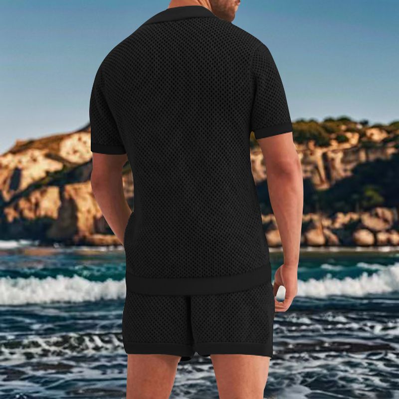 Herrenbekleidung Mesh Atmungsaktiv Cool Freizeitanzug Dünner Herren Kurzarm Shorts Zweiteiliger Anzug_voghion.com