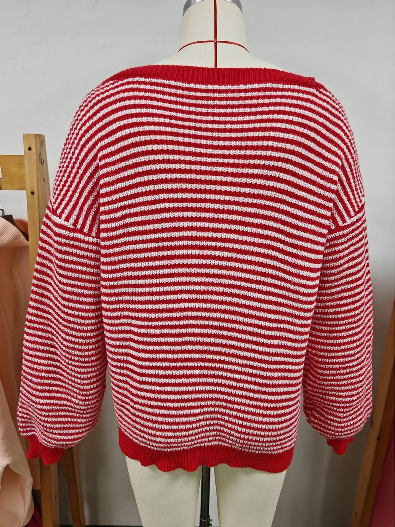 Maglione da donna in maglia con spalle scoperte, righe a blocchi di colore e maniche a lanterna – Vestibilità comoda e ampia per autunno e inverno_voghion.com