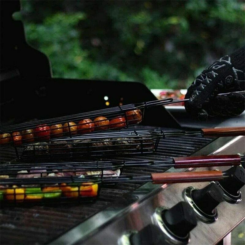 2PC Barbecue Basket Bar Shape Iron And Wood Skewer 45cm Basket Outdoor Barbecue Utensils Portable Kabob BBQ Grilling Basket BBQ Tools_voghion.com