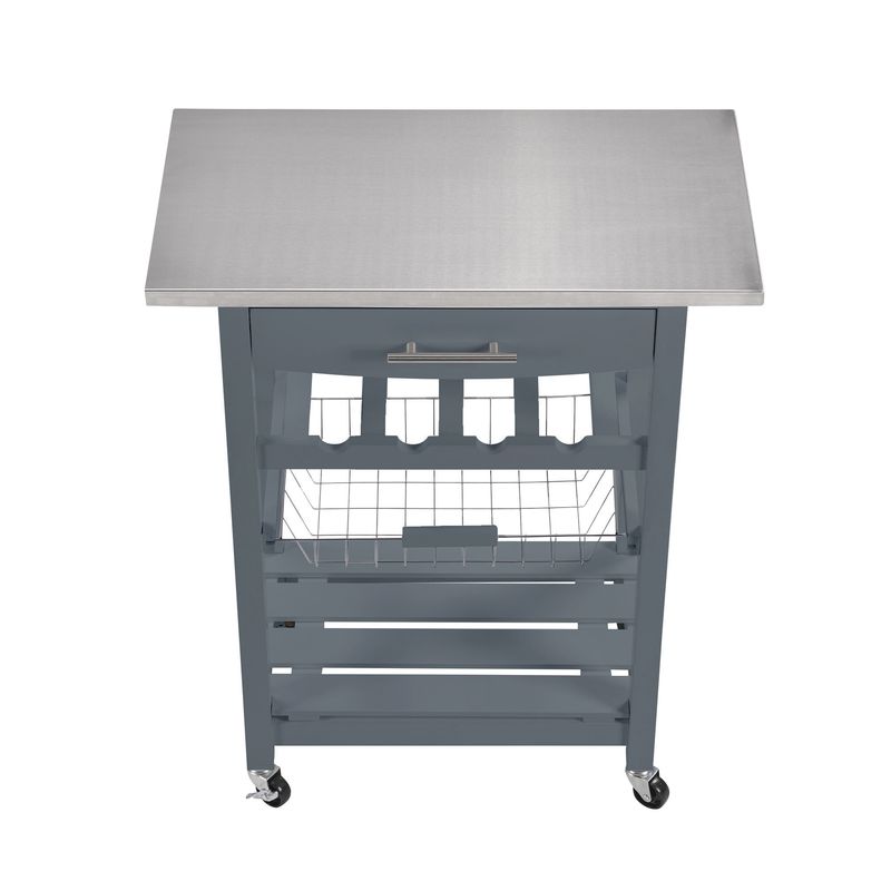 Mobile Rolling Kitchen Island Trolley Serving Cart With Underneath Drawer & Slide-Out Wire Storage Basket_voghion.com