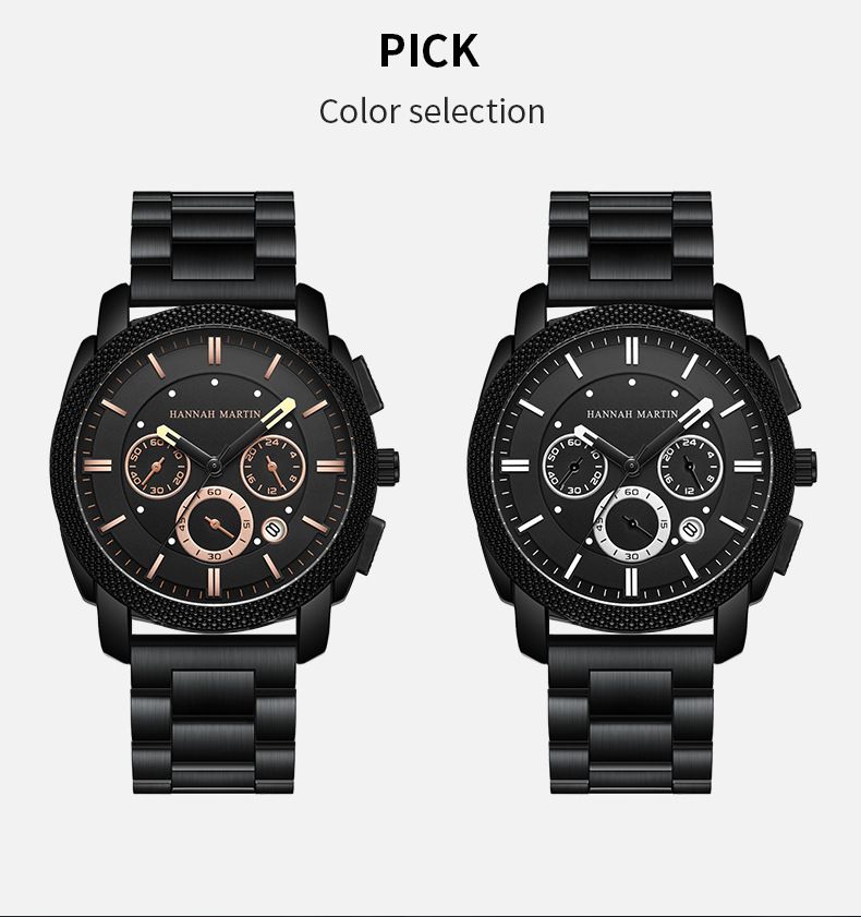 Orologio da uomo Hannah Martin con cinturino in acciaio, nuovo, tre occhi, sei aghi, multifunzione, impermeabile, al quarzo, con calendario, orologio di alta qualità_voghion.com
