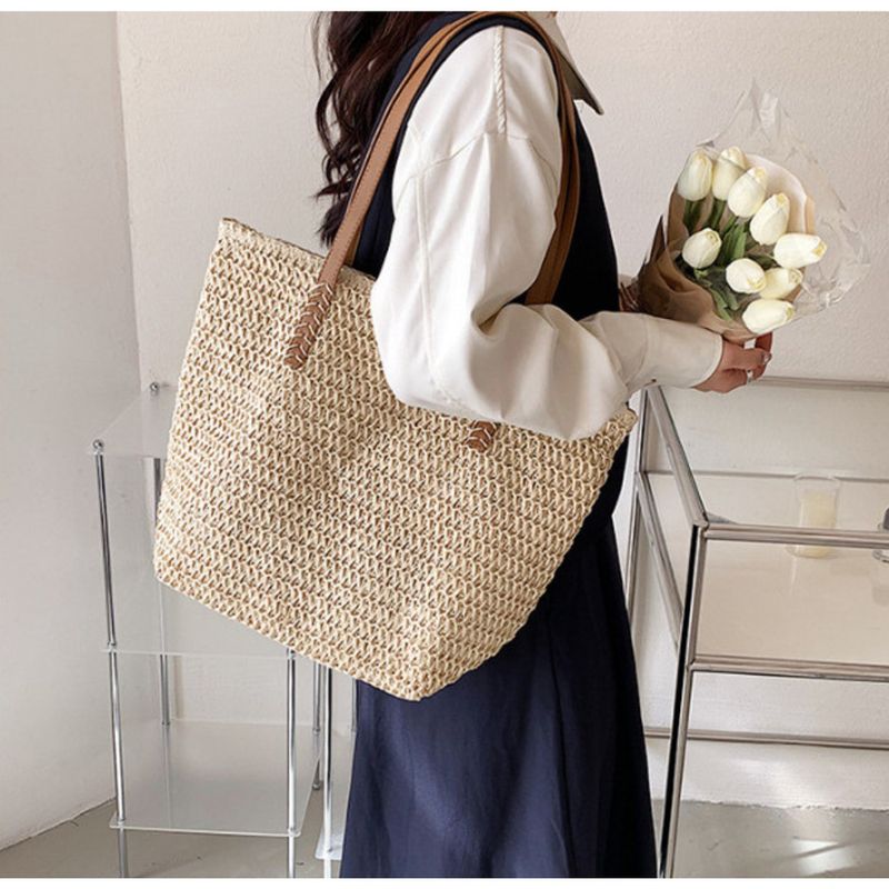 Borsa a mano casual francese di grande capacità della serie Forest 2024 Borsa a tracolla singola in paglia intrecciata da spiaggia estiva sottobraccio_voghion.com