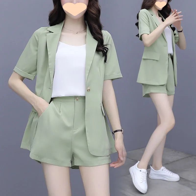 Petit ensemble trois pièces pour femme, blazer, short à manches courtes, style coréen, tenue professionnelle décontractée, polyvalente_voghion.com