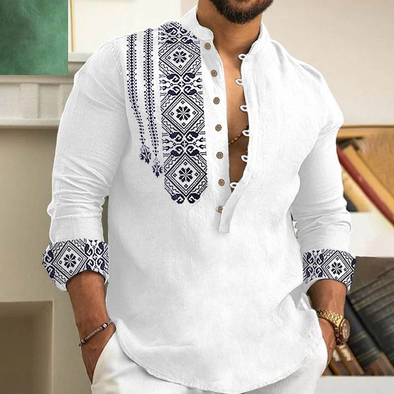 2025 Herren Kunst Bedruckt Neue Mode Frühjahr Und Herbst Langarm Leinen Hemd Taste Bequeme Stoff Street Trend_voghion.com