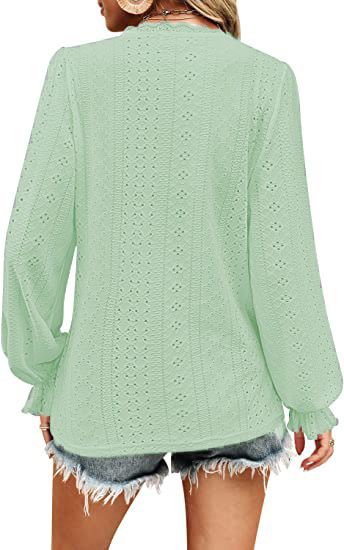 Maglietta con scollo a V da donna, nuova stagione 2025, autunno, casual, con maniche arricciate e traforate_voghion.com