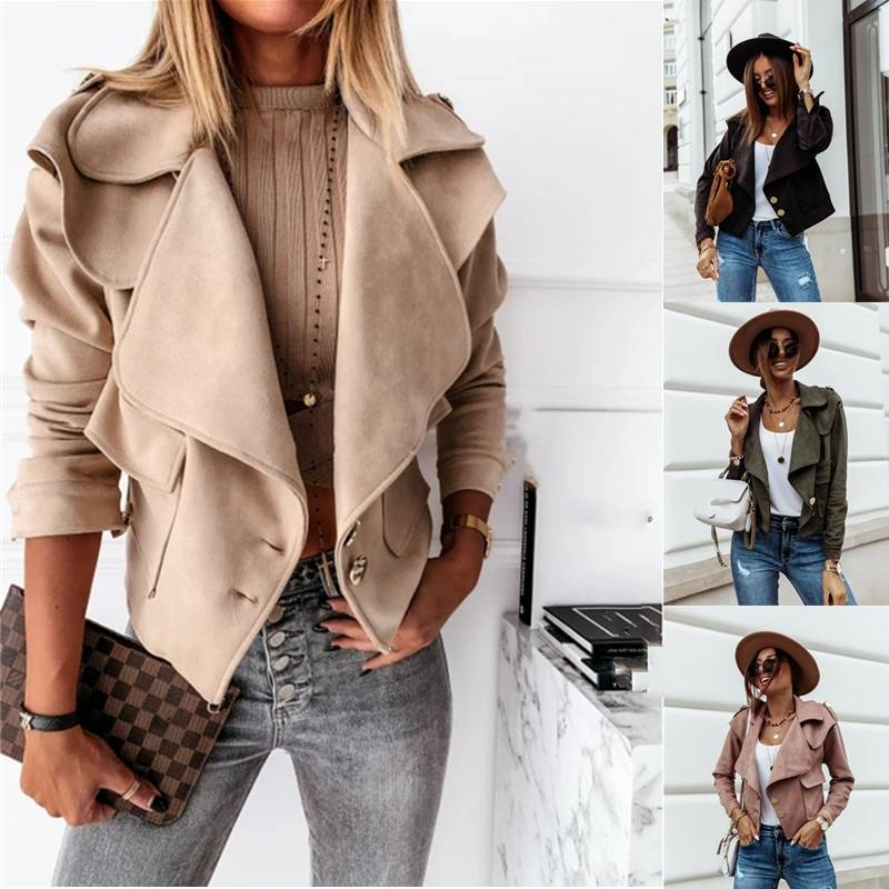 Abbigliamento donna autunno e inverno giacca in pelle di daino con bottoni in velluto a maniche lunghe con risvolto piccolo cappotto_voghion.com