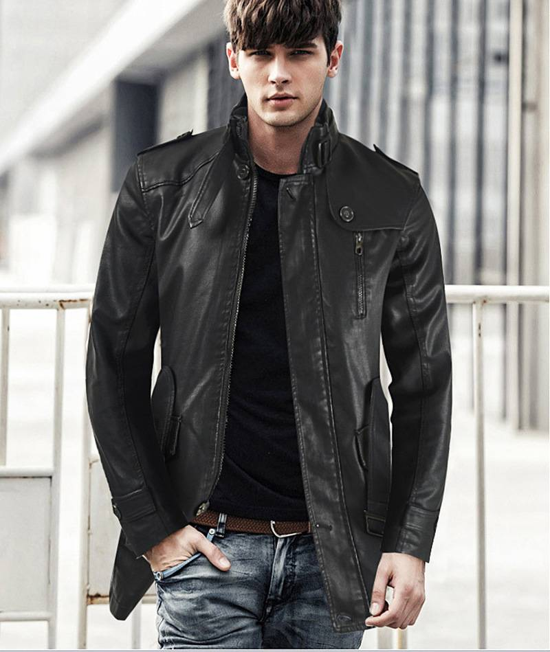 Herren Mittellange Lederjacke Jugend Stehkragen Plus Kaschmir PU Jacke Casual_voghion.com