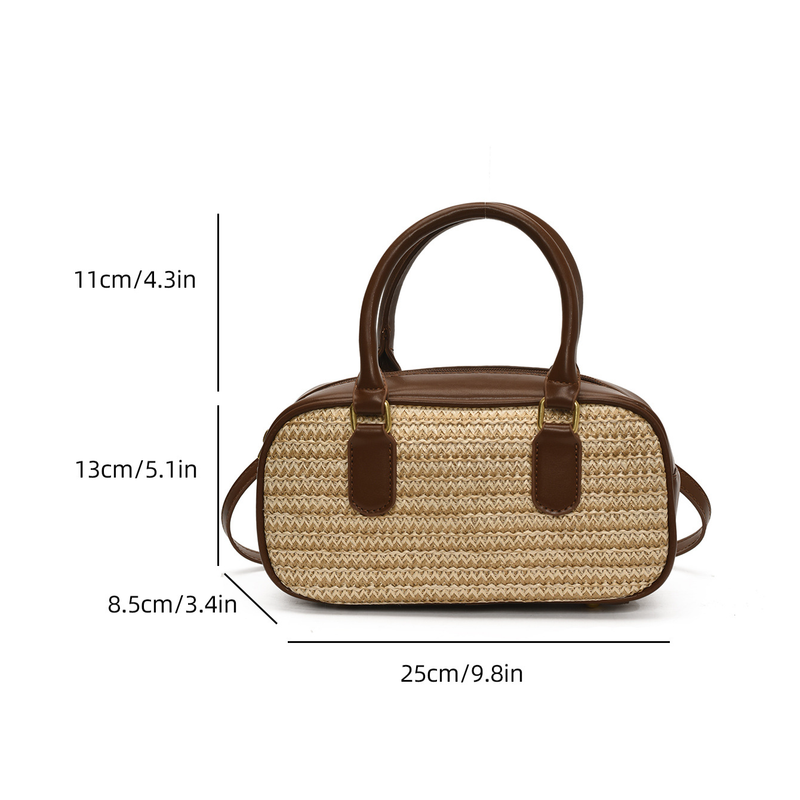 Borsa da donna in paglia intrecciata, piccola, quadrata, borsa a cuscino Boston, borsa a mano con colori a contrasto, borsa a tracolla_voghion.com