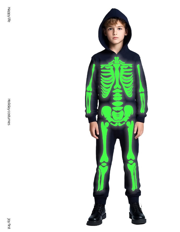 Halloween Kinderkostüm Totenkopf Skelett Weiß Leuchtendes Geisterkostüm Spiel Einteiliges Mit Kapuze Cos Kleidung Dekoration_voghion.com