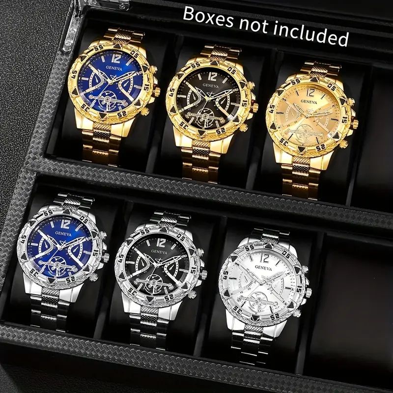 6pcs - Luxury Elite Men's Fashion Hip Hop Navigation Large Dial Alloy Case Quartz Watch Set, Suitable For Daily Wear_voghion.com