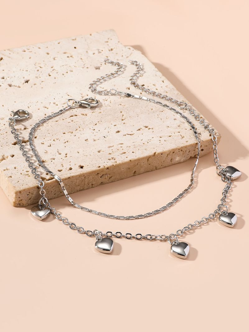 Fashion Simple Double Layer Inlaid Diamond Anklet For Women, Unique Creative Heart Pendant Beach Chain_voghion.com