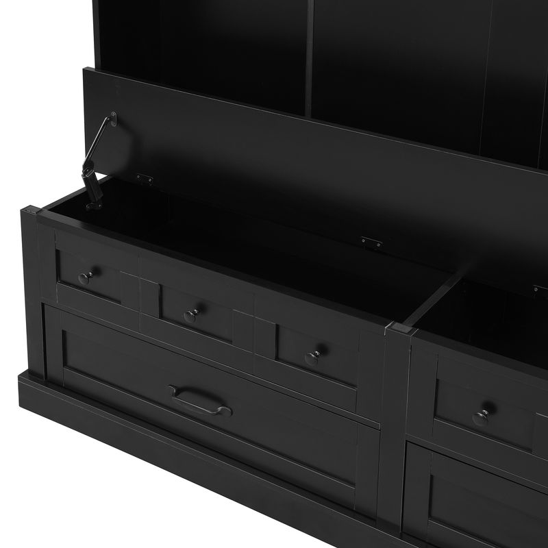 ON-TREND Elegant Wide Hall Tree With 5 Hooks, Versatile Entryway Lift Top Storage Bench With 2 Drawers, Retro Wooden 3-in-1 Coat Rack With Black Handles For Mudroom, Living Room, Black, 59"Wx74"H_voghion.com