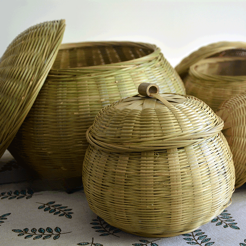 Contenitore per uova da tè, snack, con coperchio, cestino in bambù intrecciato verde_voghion.com