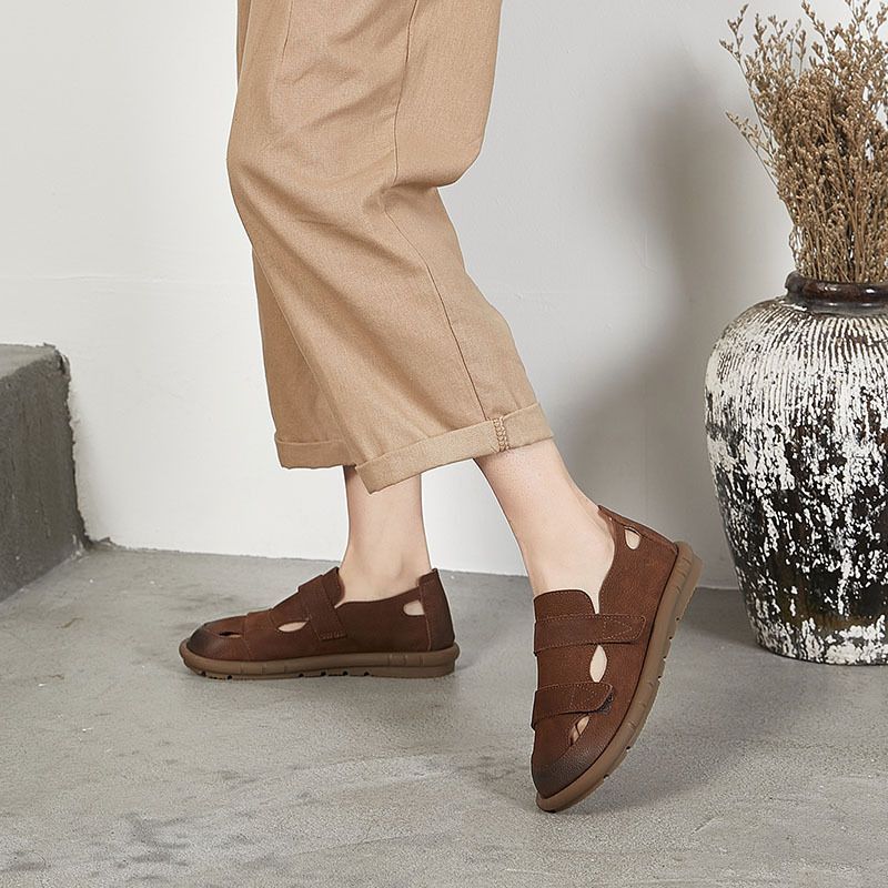 Genuine Leather Women's Sandals Summer Velcro Design Casual Sole Soft Surface Suede Cowhide Flat Shoes_voghion.com