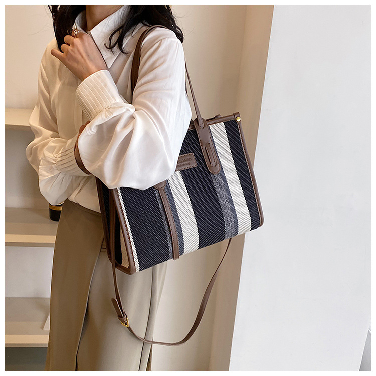 Nowa torba z grubej bawełny o dużej pojemności płócienna torba damska transgraniczny handel zagraniczny kontrastowy kolorowy pasek torba na ramię trend w modzie torba listonoszka_voghion.com