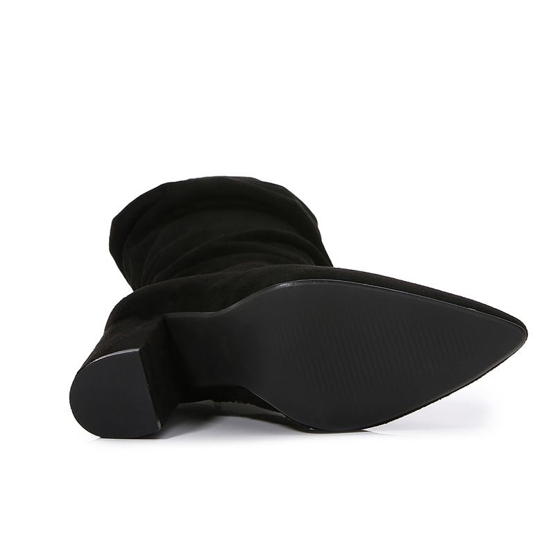 High boots chunky heels pointy crepe boots side zipper less than knee high boots black_voghion.com
