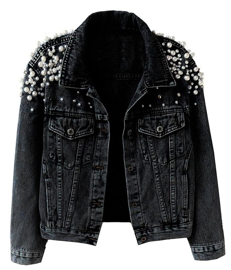 Modische Jeansjacke mit Strass-Stickerei für Damen, Vintage-gewaschener kurzer Freizeitmantel mit Perlen, locker sitzendes Langarm-Button-Up-Shirt_voghion.com