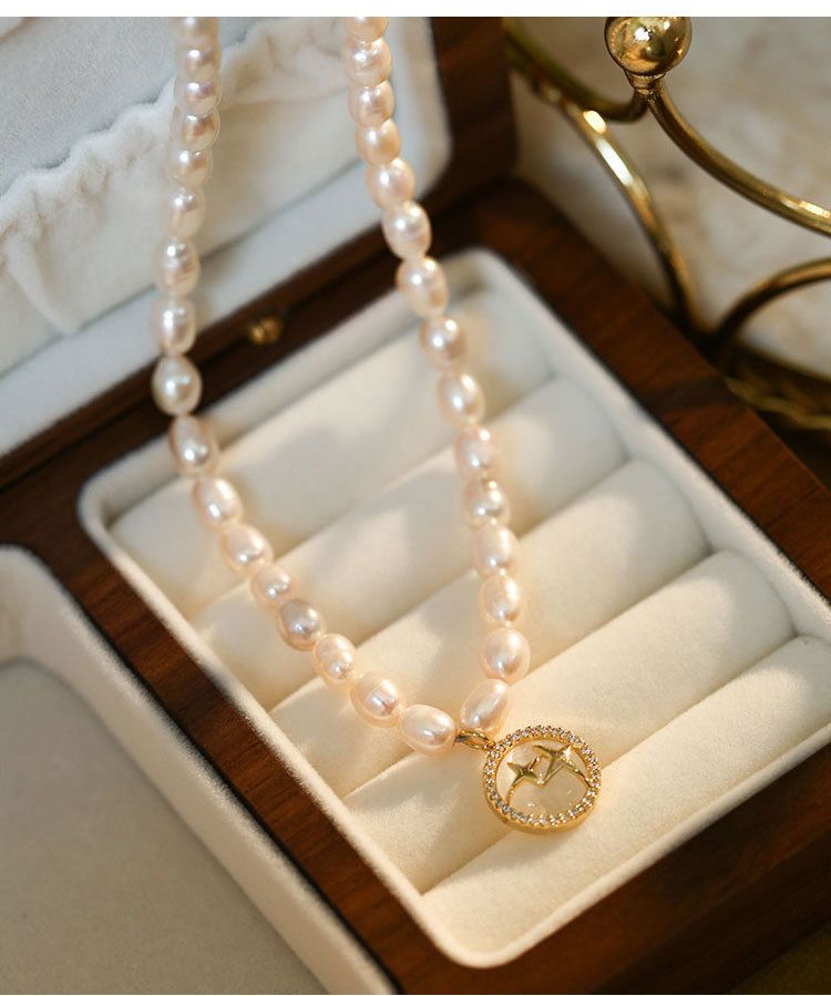 Natural Freshwater Pearl Pendant Necklace - Cross & Star Design, Baroque Style, Non-Tarnish Dainty Collarbone Chain, Minimalist High-End Look_voghion.com