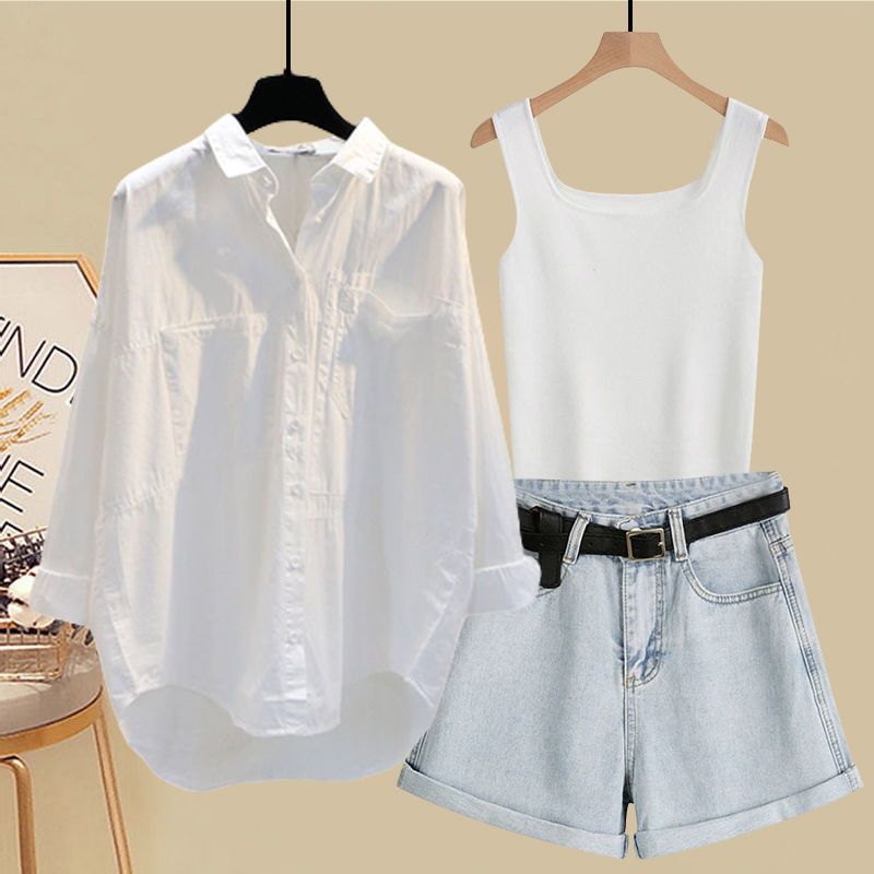 Ropa de mujer, tallas grandes, trajes de verano para mujer, novedad de 2024, camiseta con protección solar, chaleco, pantalones cortos vaqueros ajustados que combinan con todo, traje de tres piezas_voghion.com