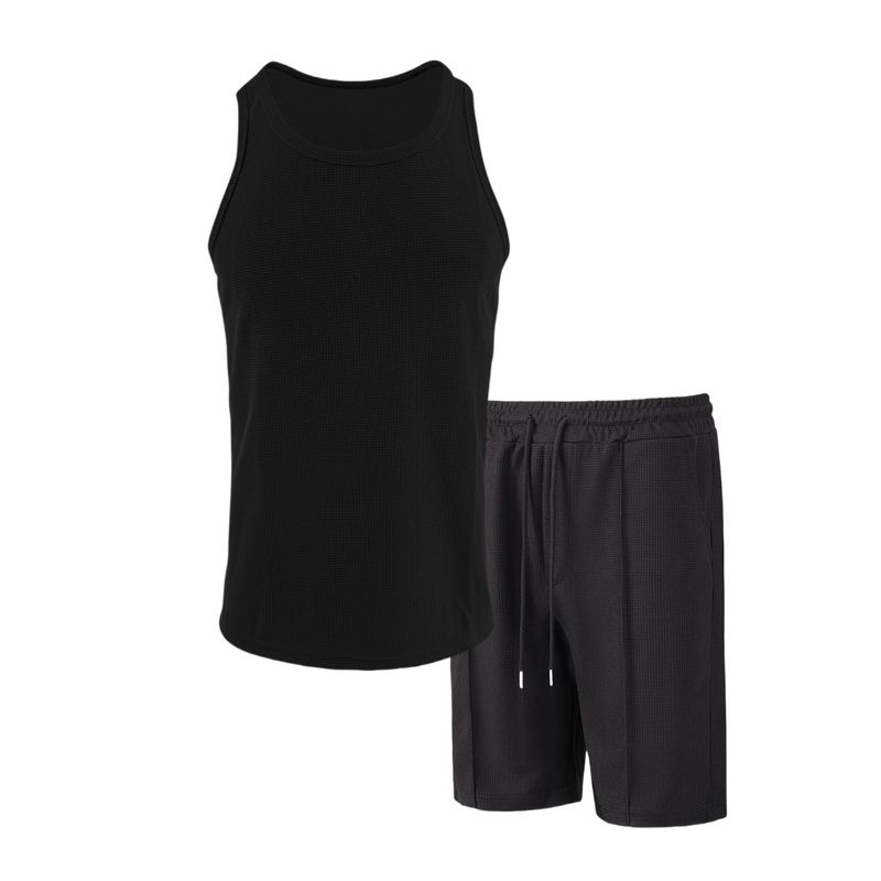 Herenkleding Nieuwe wafel effen kleur Outdoor vrijetijdskleding Ademend korte mouwen vest shorts sportpak_voghion.com
