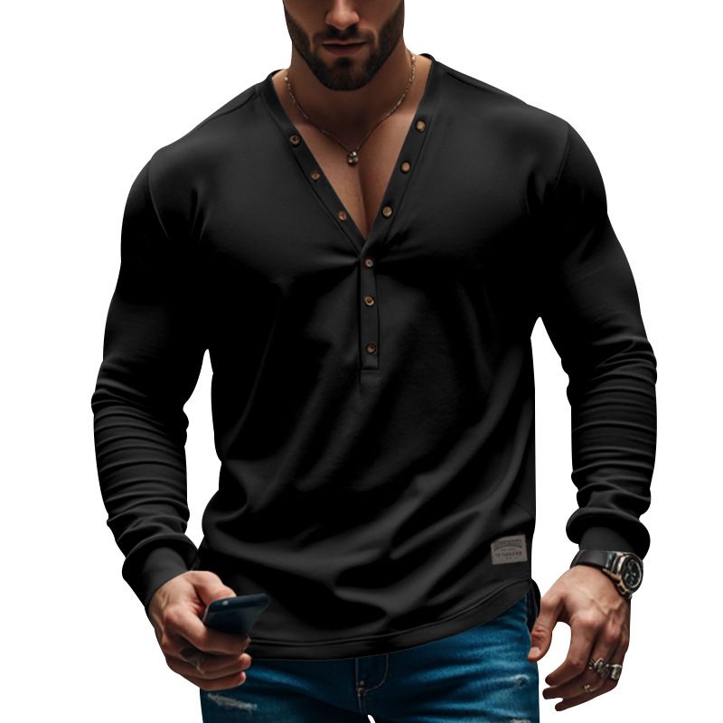 24 New Men's Spring And Autumn American Style Solid Color Thin Long Sleeve T-Shirt Casual Base Slim Fit Button V-Neck_voghion.com