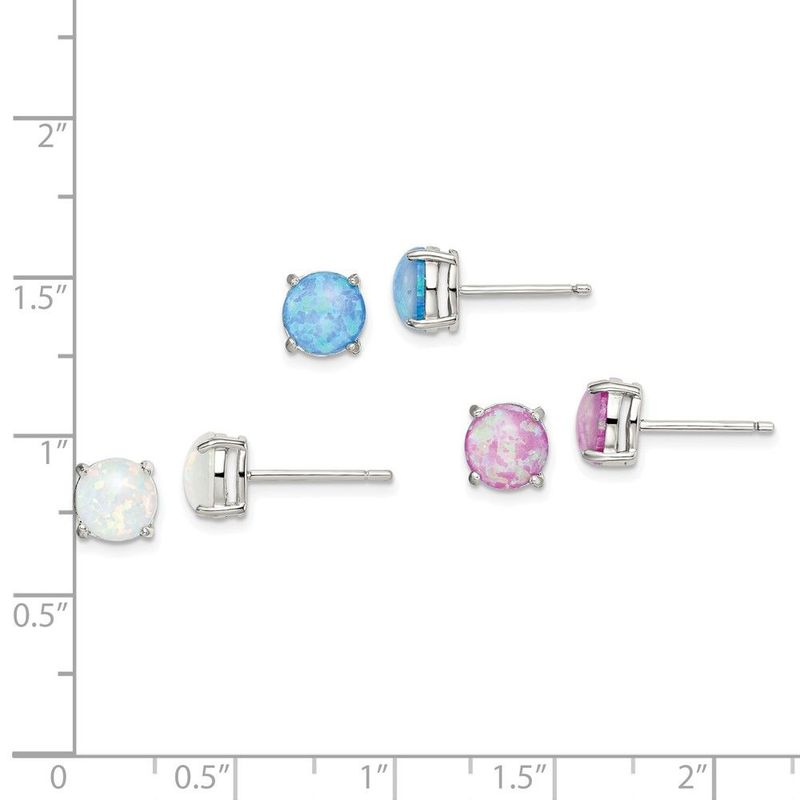 Sterling Silver Polished Pink, White & Blue 7mm Round Created Opal 3 Pair Set Of Stud Earrings_voghion.com