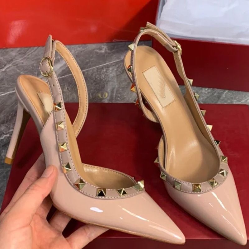 Correctly Labeled V Home Rivet High-Heeled Straight Strap Sandals, Pointed Mid High Leather Thin Heels, Toe Caps,_voghion.com