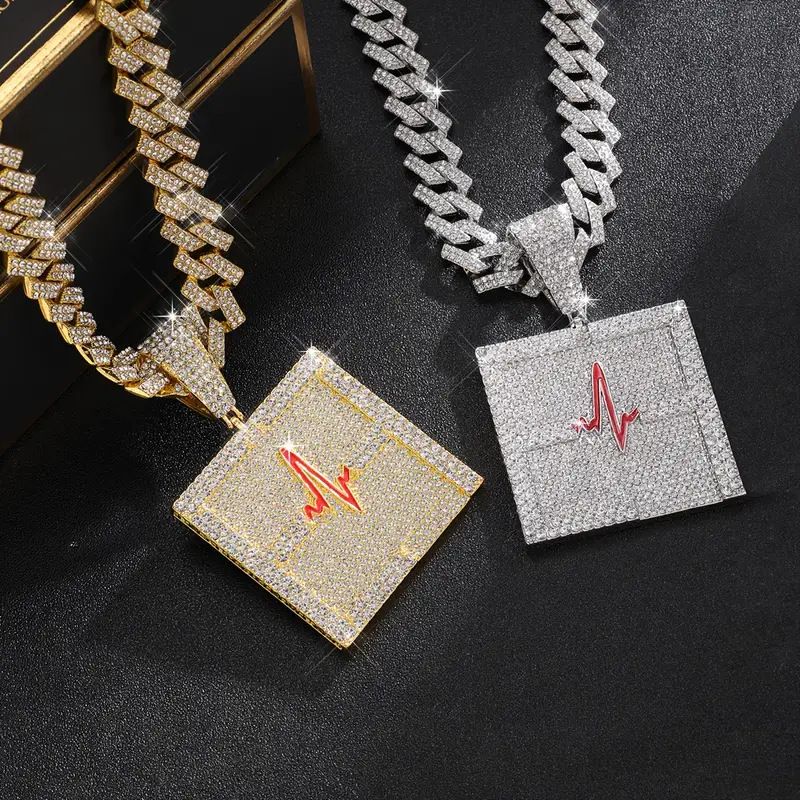 New Hip-Hop Style Oil Drop Full Diamond Heartbeat Pulse Pendant Necklace High-Quality Men's Cuban Chain_voghion.com