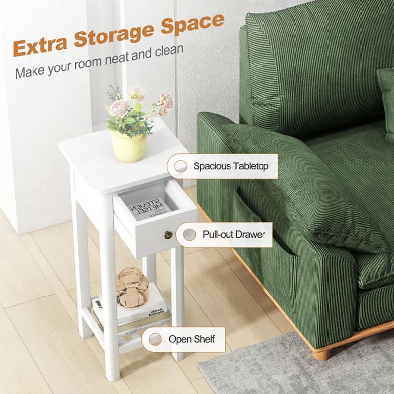 2 Tier Slim Nightstand Bedside Table With Drawer Shelf_voghion.com