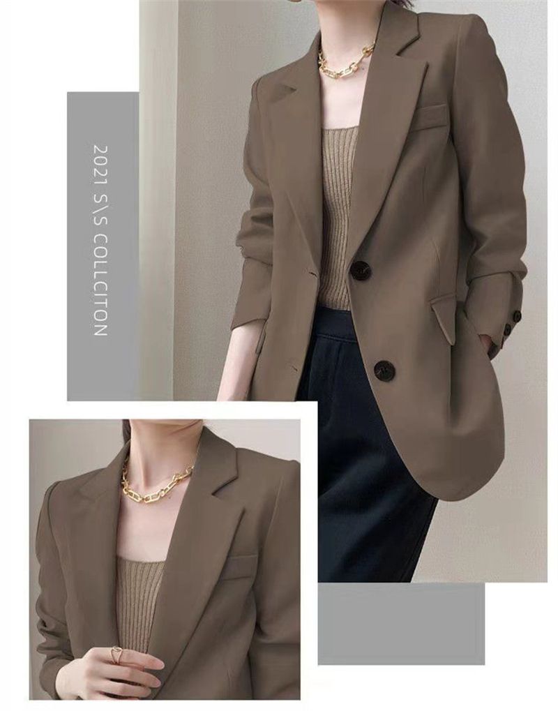 Women's Casual Blazer Jacket - Oversized Single-Breasted Suit Coat With Notch Lapel (Coffee, Beige, Black)_voghion.com