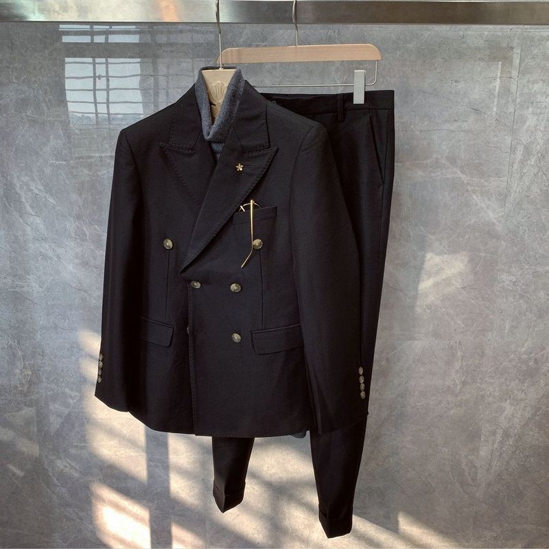CT British Style New Solid Color Slim Fit Double-Breasted Blazer Suit Men's Trendy Fashion Two-Piece Set_voghion.com