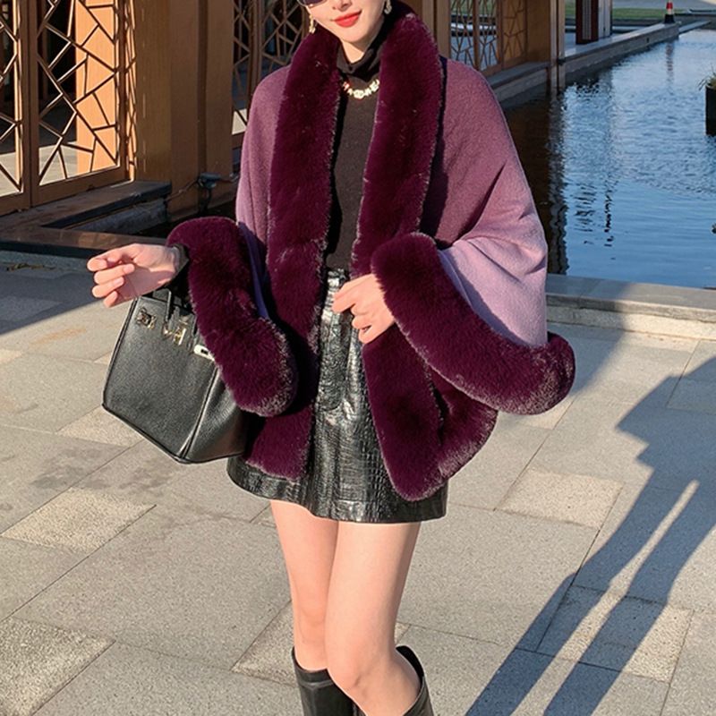 Damenbekleidung Neuer Rex-Kaninchenpelzkragen mit Farbverlauf für Herbst und Winter, Schalumhang in großer Größe, Strickjacke für Damen_voghion.com