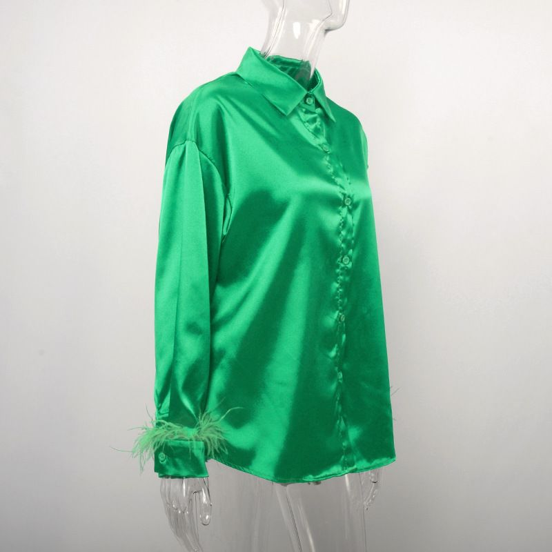 Abbigliamento da donna estate nuova moda casual versatile camicia in capelli di struzzo con cuciture in piume di seta ghiaccio per donna_voghion.com