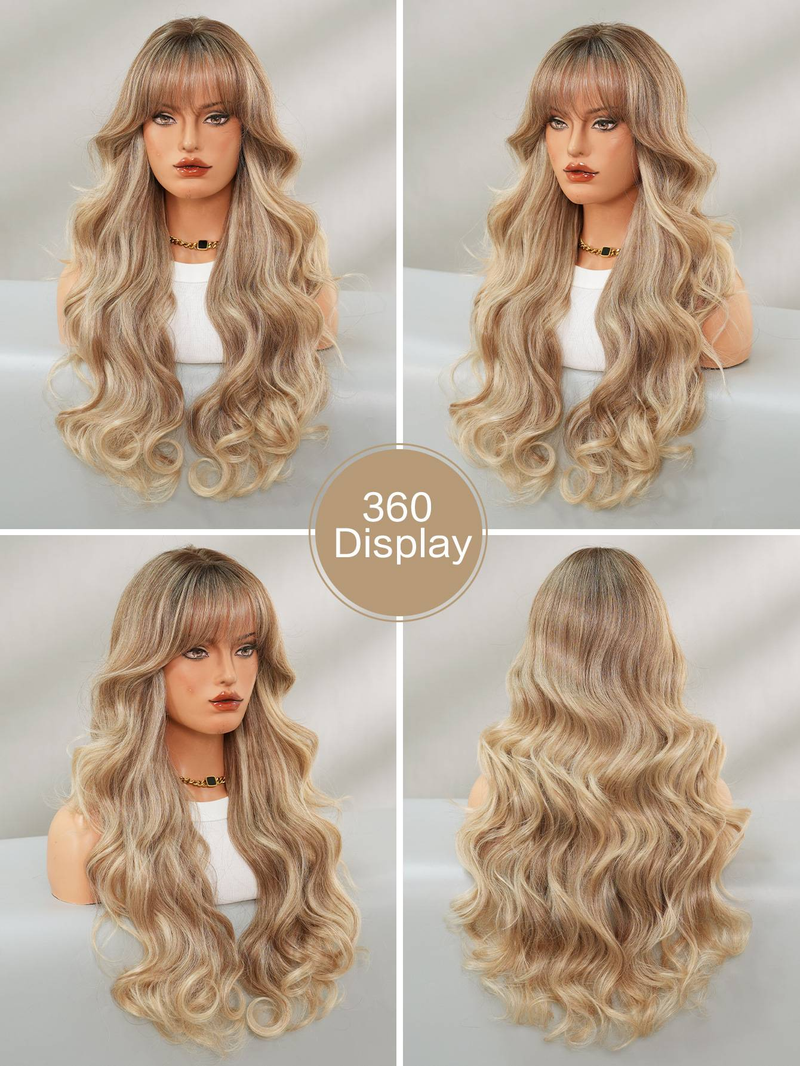 Parrucca con sfumatura dorata, copricapo completo da donna, parrucca con capelli lunghi e ricci, grande onda_voghion.com