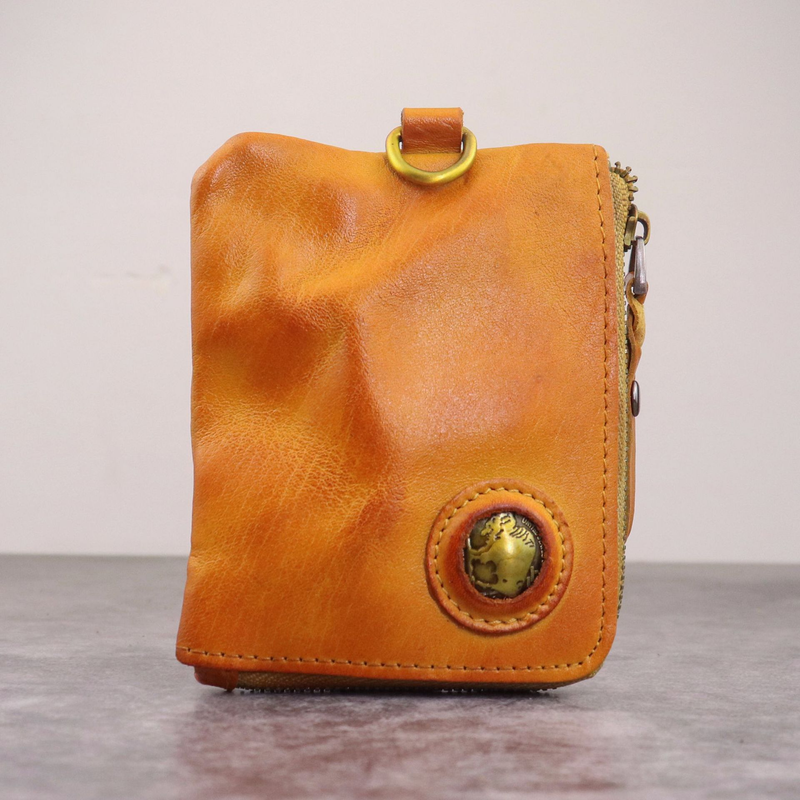 Wallet, Vintage Vegetable Tanned Leather, Distressed Wallet, Zipper Wallet, Key Holder, Card Holder_voghion.com