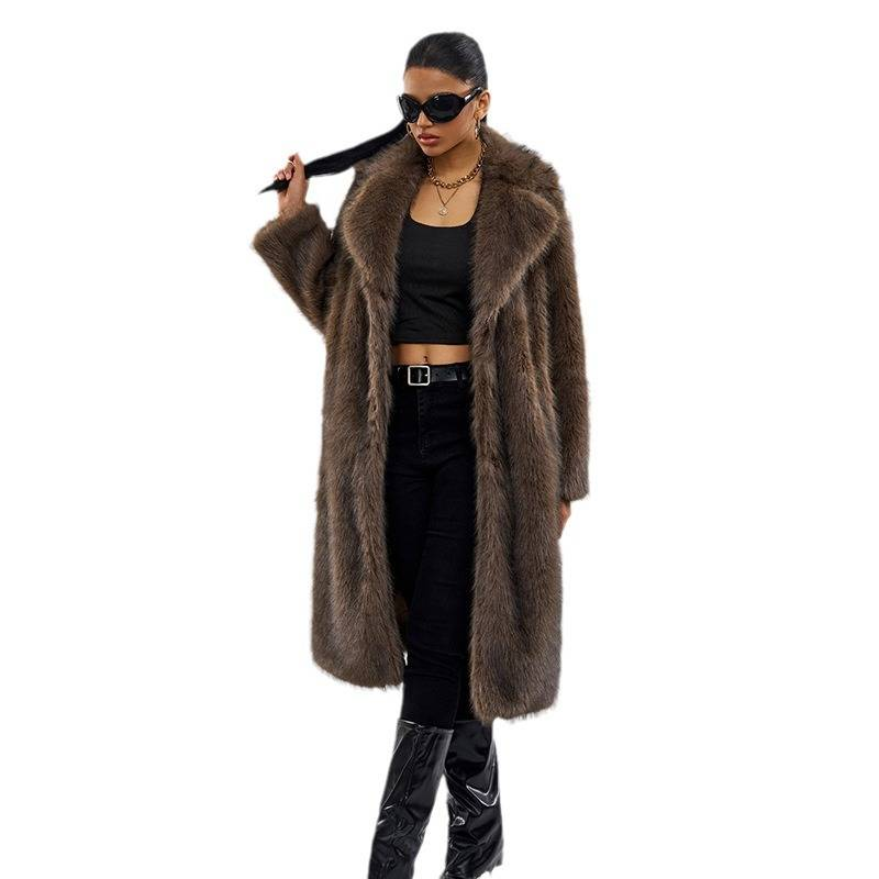 Women's Faux Fox Fur Long Coat – Winter Elegance Jacket With Luxe Collar (Brown, S/M/L/XL/XXL)_voghion.com