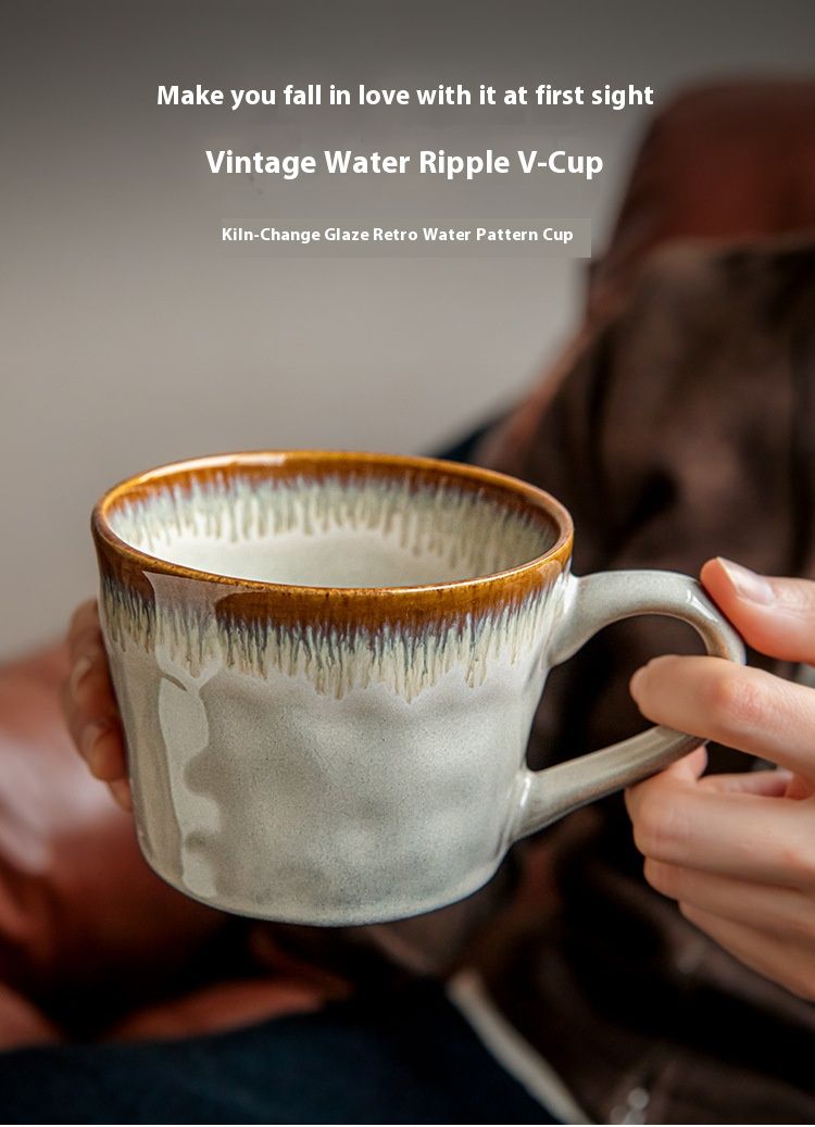 Elegante taza de cerámica marrón con diseño en V de ondas de agua: 350 ml, estilo retro, para café y té, ideal para el hogar y la oficina._voghion.com