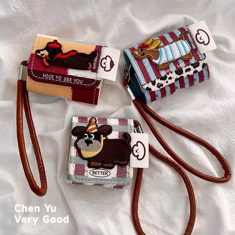 Ins Striped Embroidery Puppy Is Suitable For AirPods 4th Generation Earphone Cases, Pro2 By Apple, Wireless Bluetooth Earphone Covers 3rd Generation._voghion.com