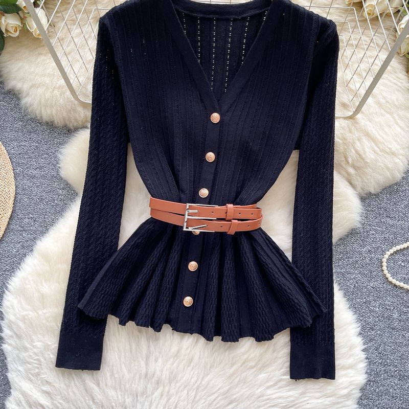 Retro-Stil Langarmpullover im britischen Stil für Damen, Herbstgürtel, schlankmachendes schlichtes Design, leicht, reife Schwester, Top-Trend_voghion.com