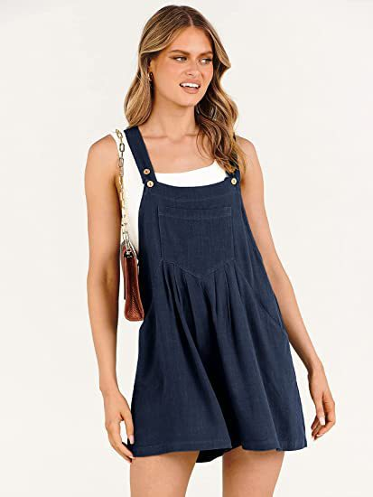 Women's pocket cotton and linen loose casual slim wide-leg jumpsuit shorts for women_voghion.com