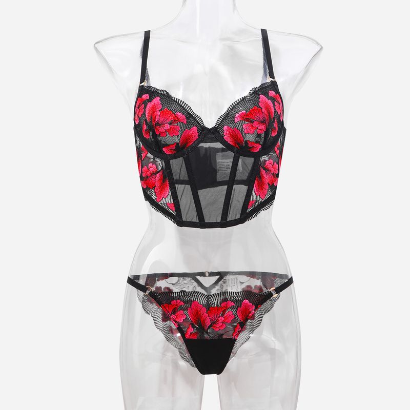 Women's Intimates Fishbone Ins Gather Small Chest To Show Big Anti Drooping High Quality Embroidered Eyelash Underwear 2 Piece Set_voghion.com