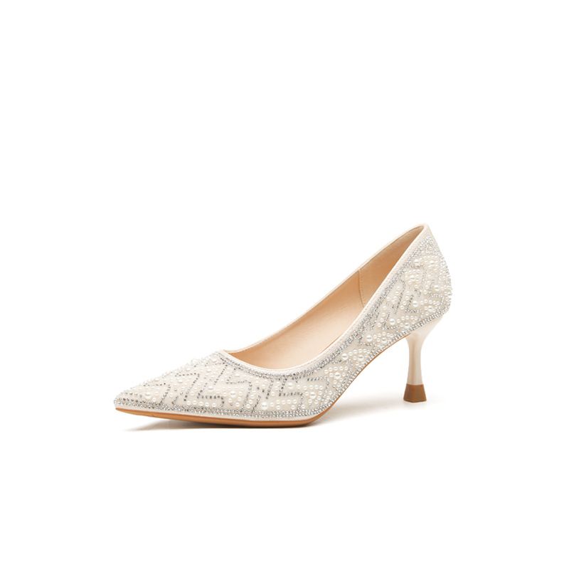 Scarpe da sposa con tacco alto e strass di perle francesi 2025, nuove scarpe da sposa con temperamento, tacchi a punta e fini, non_voghion.com