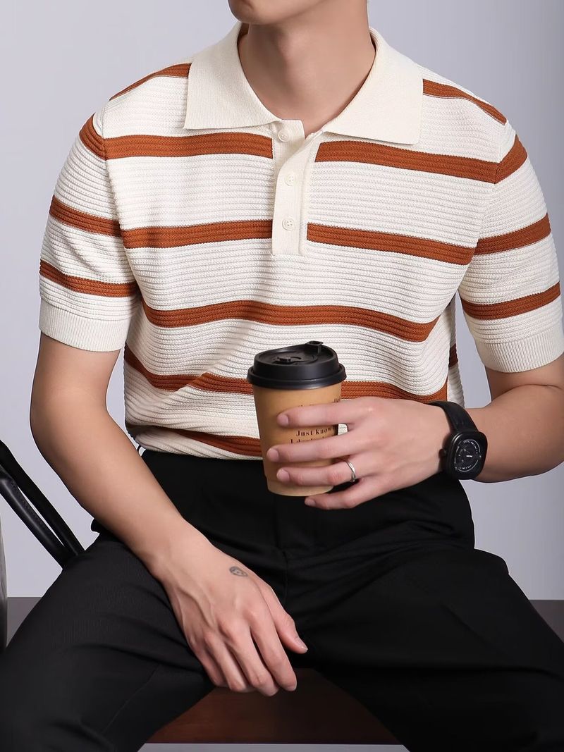 Maglietta a maniche corte in maglia a righe da uomo, casual da lavoro, in seta ghiacciata con risvolto, a mezza manica_voghion.com