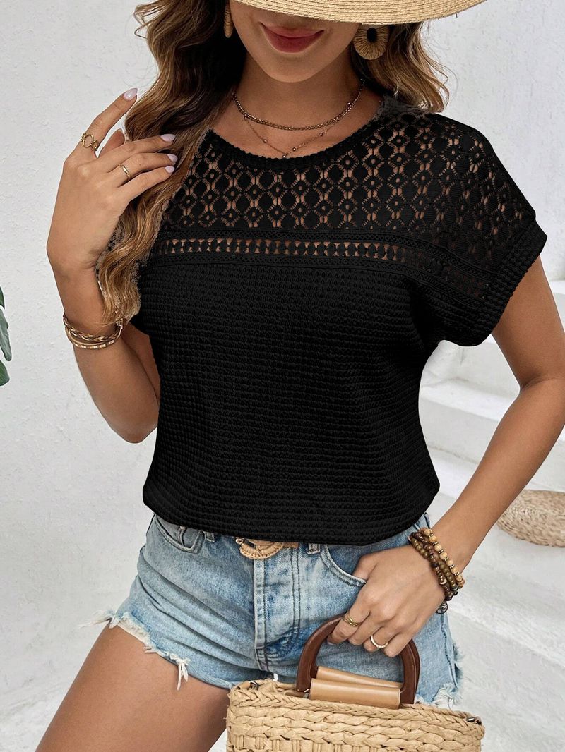 2025 Women's Summer New Top With Shoulder Mesh Hollow Out Breathable Versatile Short Sleeve T-shirt_voghion.com