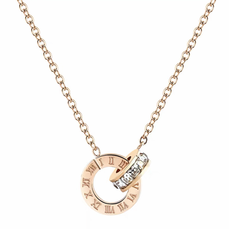 Titanium Steel Colorless Roman Digital Double Ring Necklace Women's Gold Pendant Light Luxury Collarbone Chain Simple_voghion.com