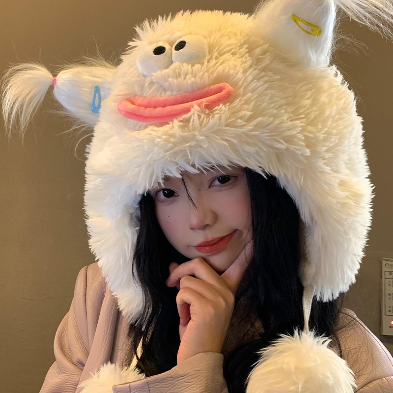Litet monster kvinnors roliga söta stickade plysch i höst och vinter Visa litet ansikte, förtjockat öronskydd_voghion.com