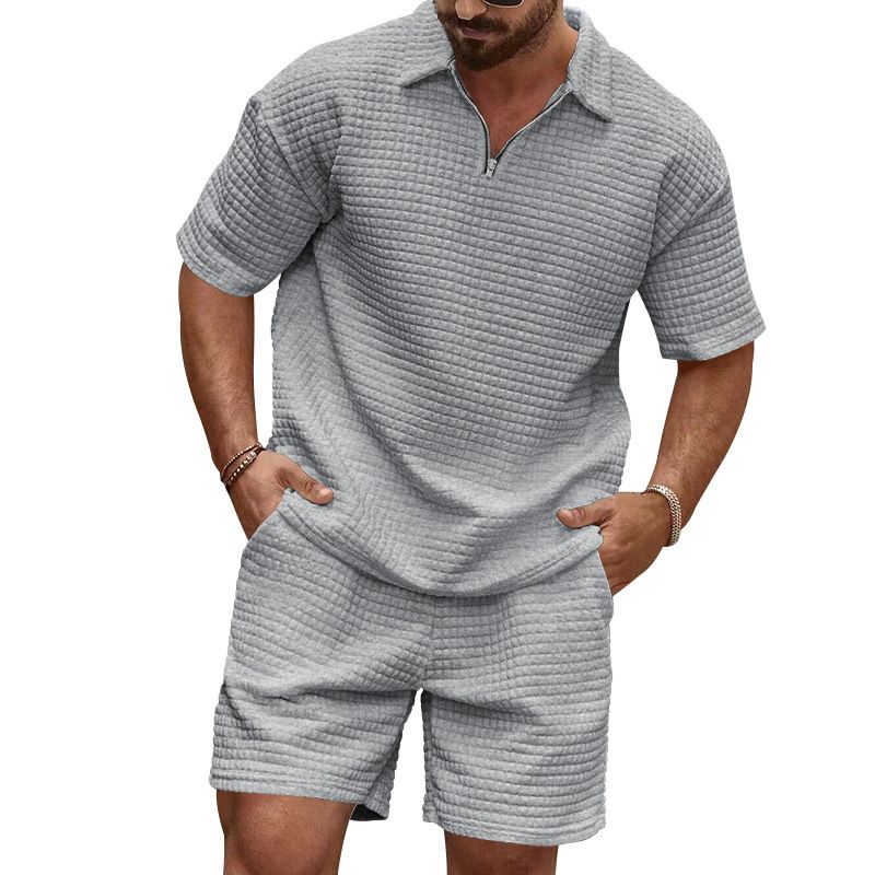 Herren New Casual Fashion Small Square Solid Color Revers Anzug Kurzarm Shorts Zweiteiliger Anzug_voghion.com